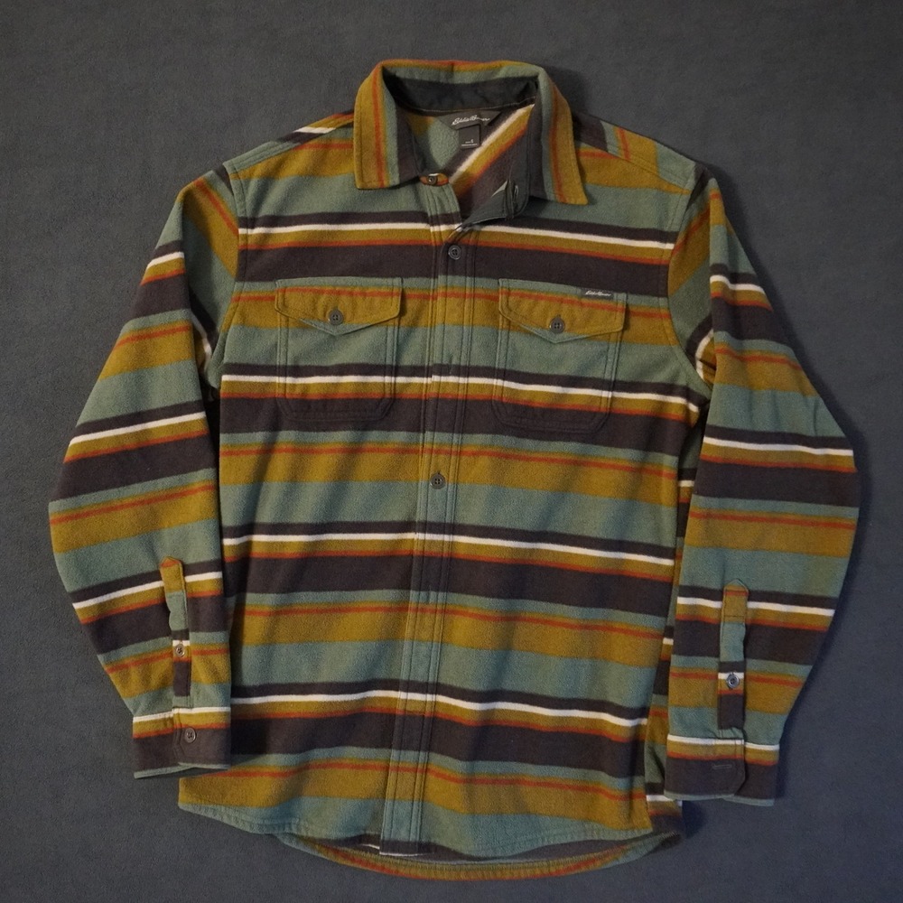 Eddie Bauer Mens Small Microfleece Strips Button Up Shirt Green Brown Earth Tone